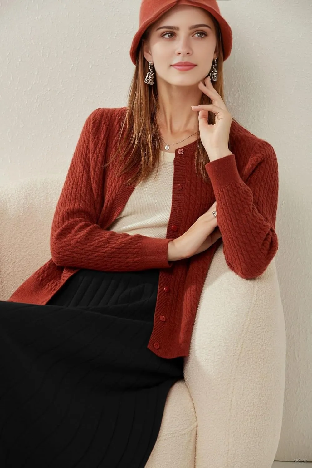 100% Cashmere Women's Cable Knit Cardigan Sweaters for Women Long Sleeve Crew Neck Warm Button Down