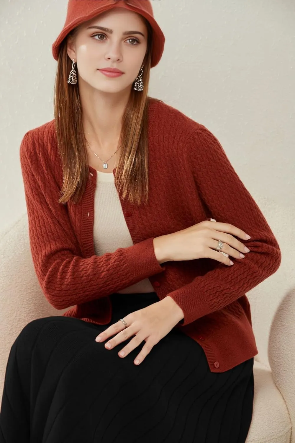 100% Cashmere Women's Cable Knit Cardigan Sweaters for Women Long Sleeve Crew Neck Warm Button Down