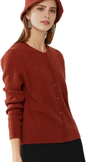 100% Cashmere Women's Cable Knit Cardigan Sweaters for Women Long Sleeve Crew Neck Warm Button Down