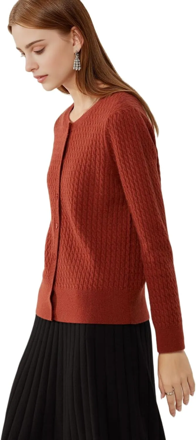 100% Cashmere Women's Cable Knit Cardigan Sweaters for Women Long Sleeve Crew Neck Warm Button Down