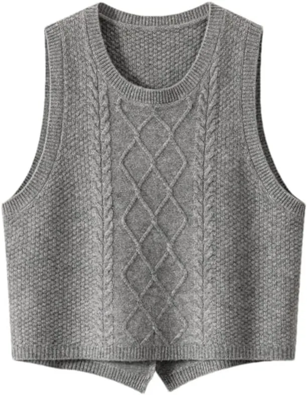 100% Cashmere Women's Solid Knitted Sweater Vest Short Sleeveless Pullover Sweater Slit Back (Gray S)