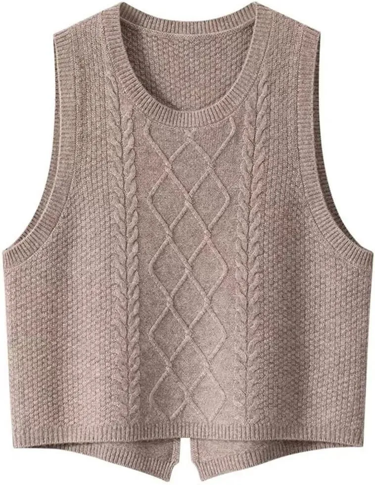 100% Cashmere Women's Solid Knitted Sweater Vest Short Sleeveless Pullover Sweater Slit Back (Gray S)