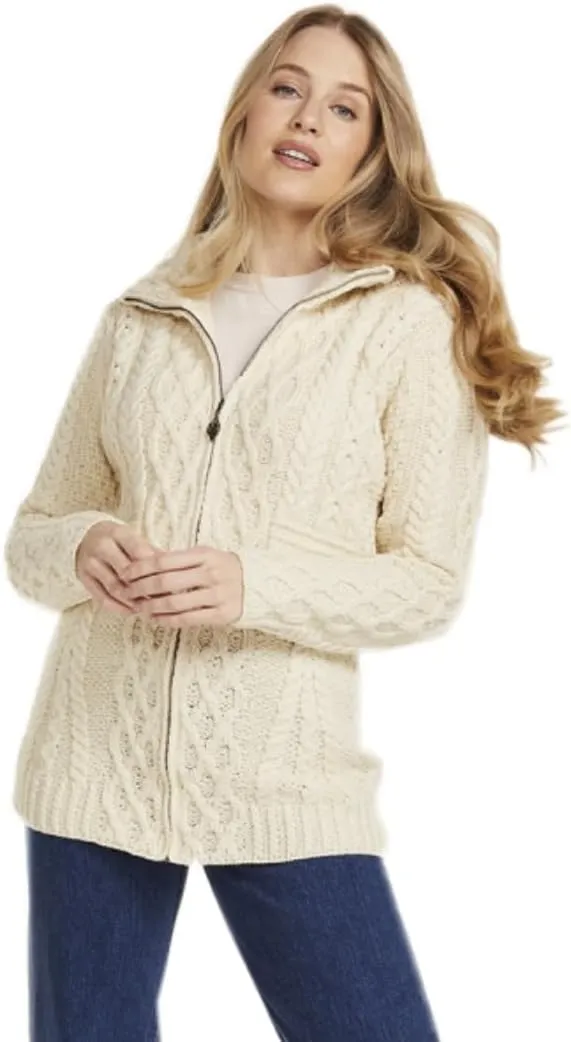 100% Irish Wool Women's Cable Knit Cardigan Sweater, Full Zip, Made in Ireland