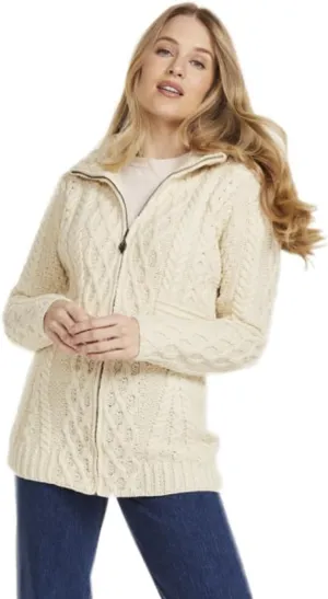 100% Irish Wool Women's Cable Knit Cardigan Sweater, Full Zip, Made in Ireland