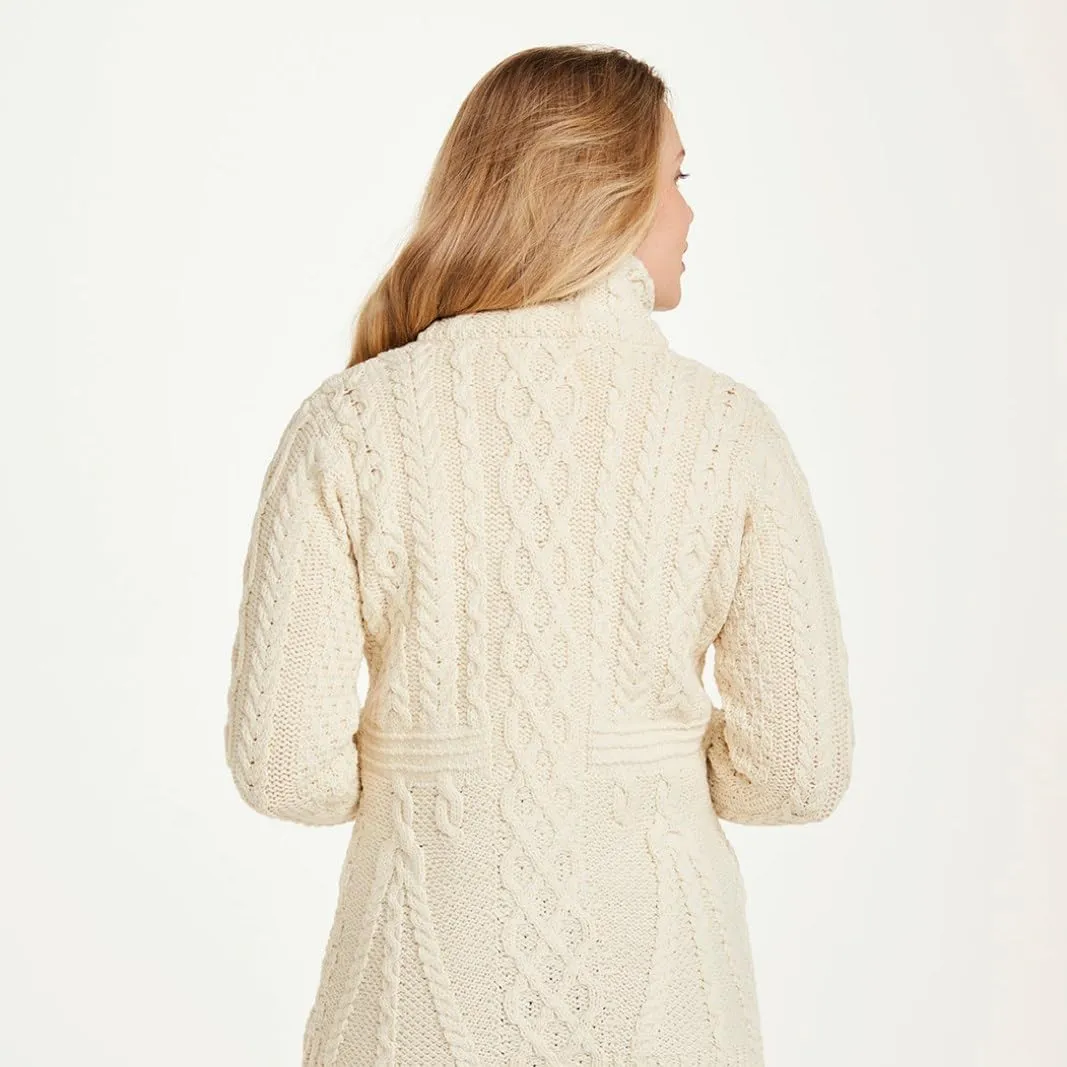 100% Irish Wool Women's Cable Knit Cardigan Sweater, Full Zip, Made in Ireland