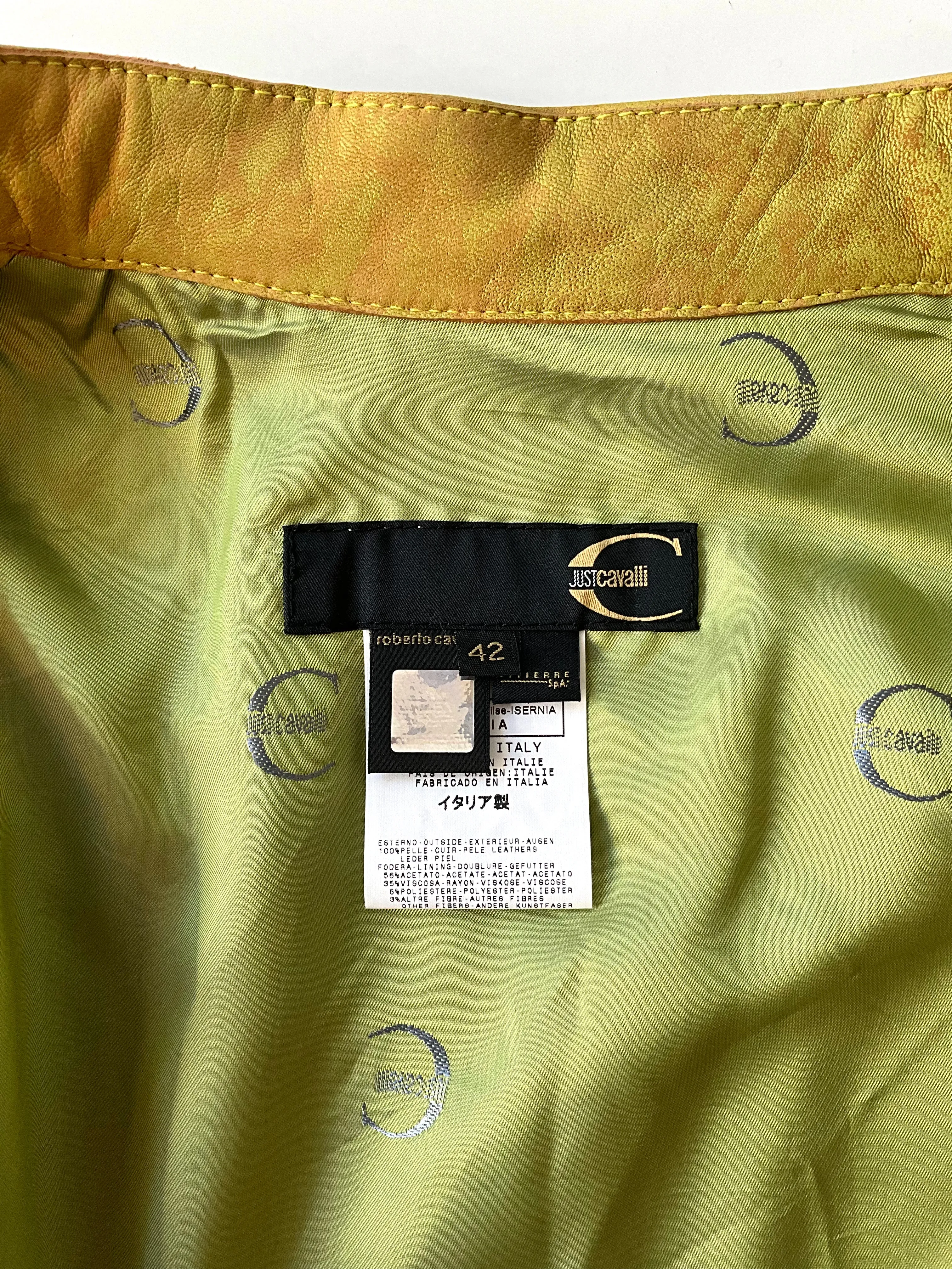 2000s Just Cavalli Chartreuse Leather Biker Jacket, Snake Zipper, Medium