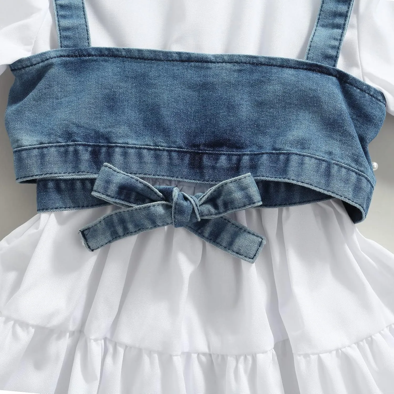 2PCS Baby Girl Strap Pearl Denim Crop Tops Beading Back Bandage Vest   Lapel Button Shirt Dress Set