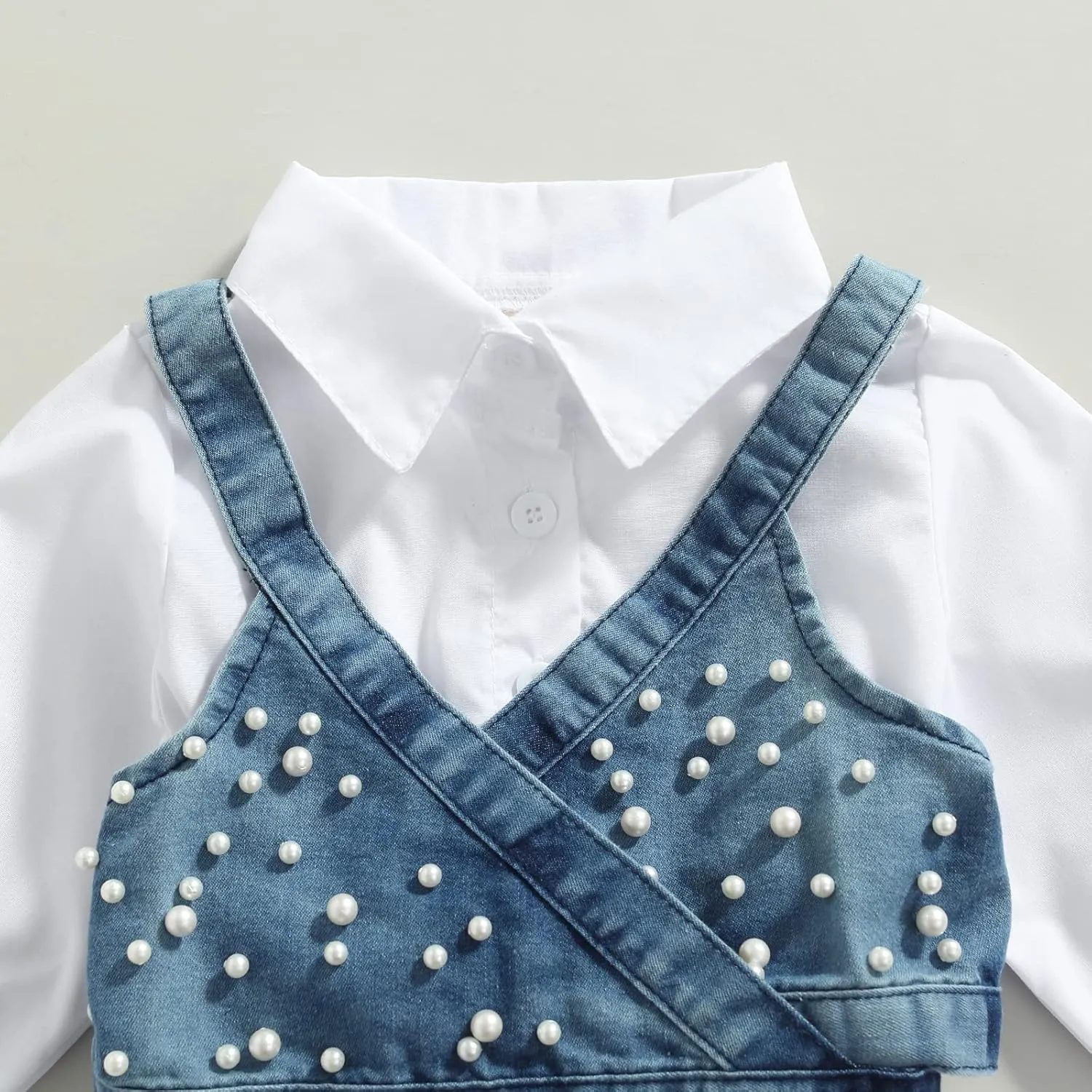 2PCS Baby Girl Strap Pearl Denim Crop Tops Beading Back Bandage Vest   Lapel Button Shirt Dress Set