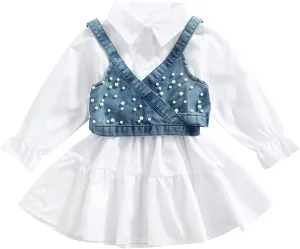 2PCS Baby Girl Strap Pearl Denim Crop Tops Beading Back Bandage Vest   Lapel Button Shirt Dress Set