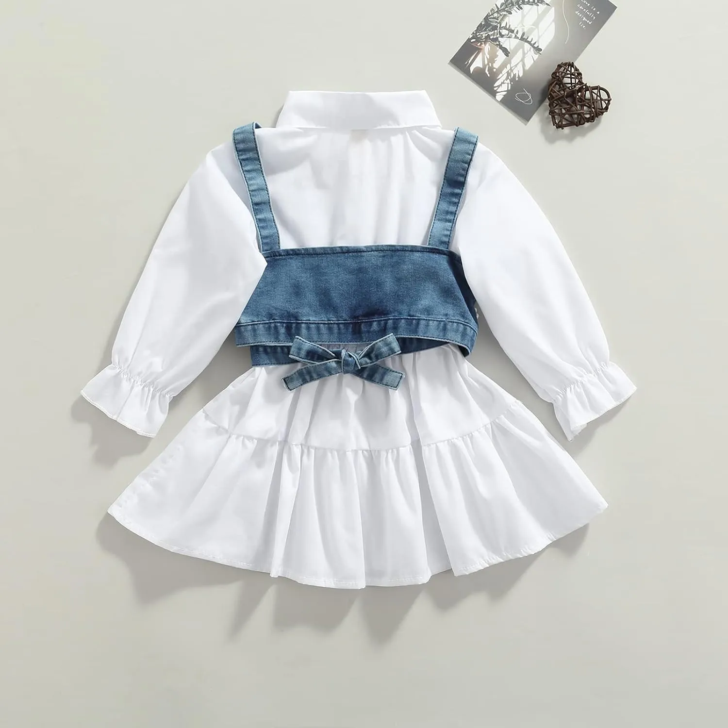 2PCS Baby Girl Strap Pearl Denim Crop Tops Beading Back Bandage Vest   Lapel Button Shirt Dress Set