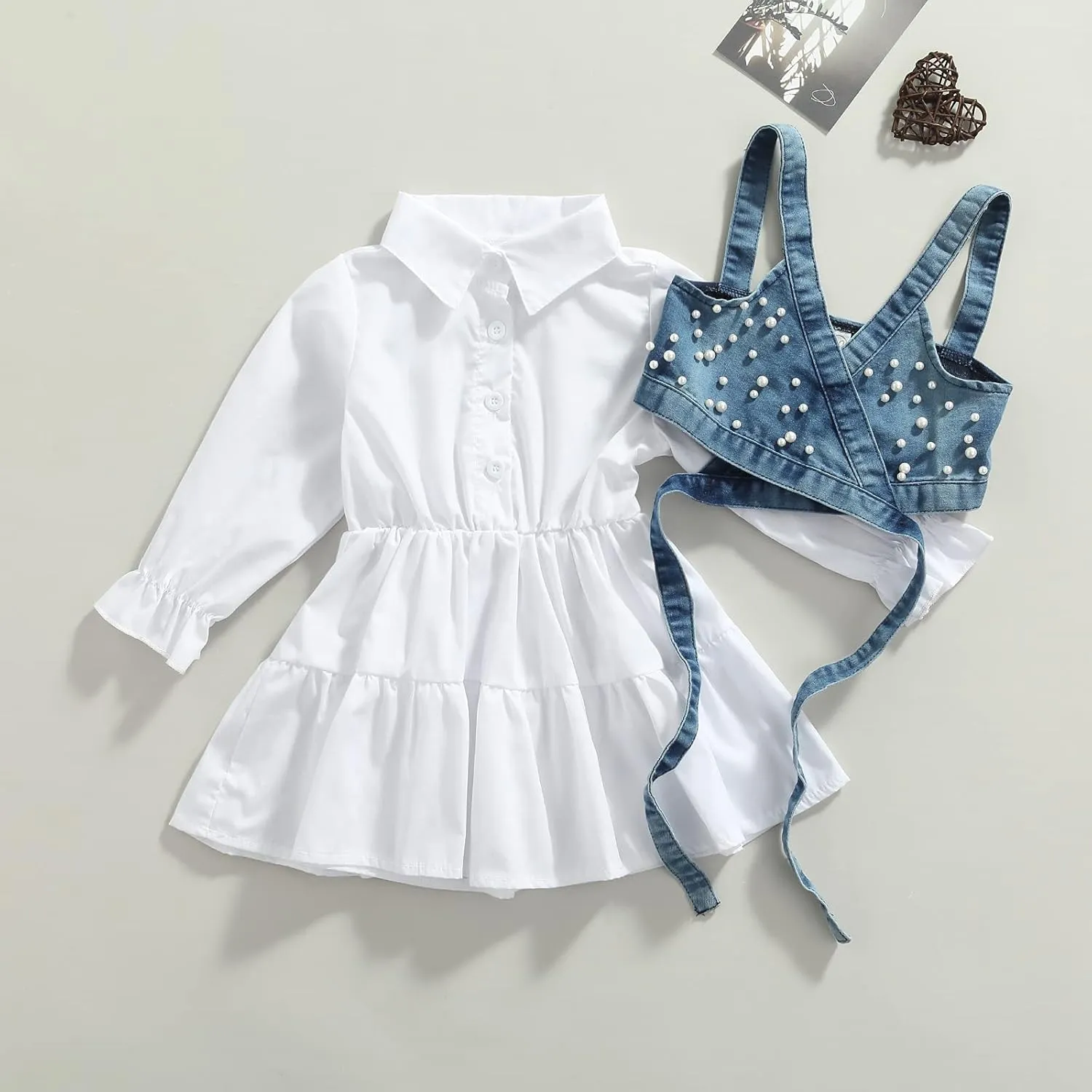 2PCS Baby Girl Strap Pearl Denim Crop Tops Beading Back Bandage Vest   Lapel Button Shirt Dress Set