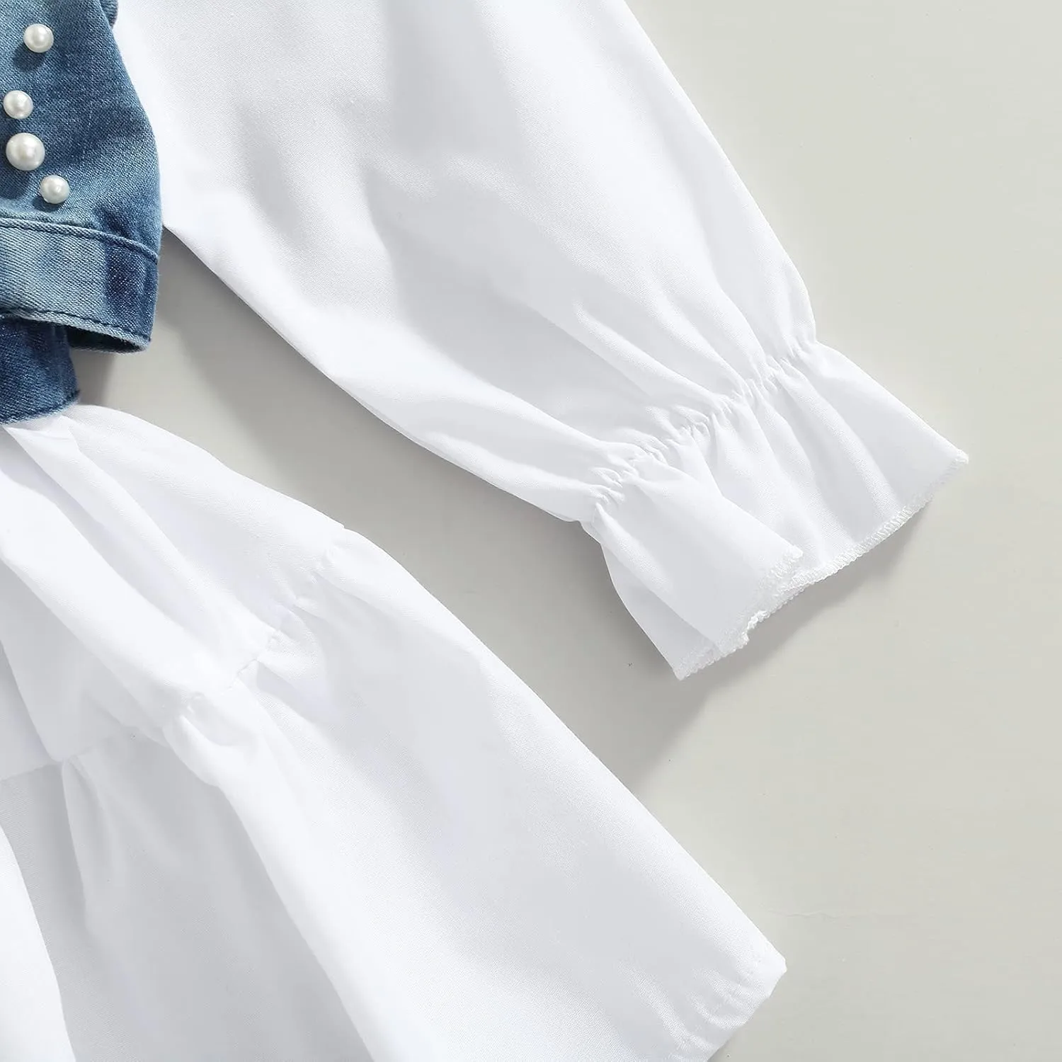 2PCS Baby Girl Strap Pearl Denim Crop Tops Beading Back Bandage Vest   Lapel Button Shirt Dress Set