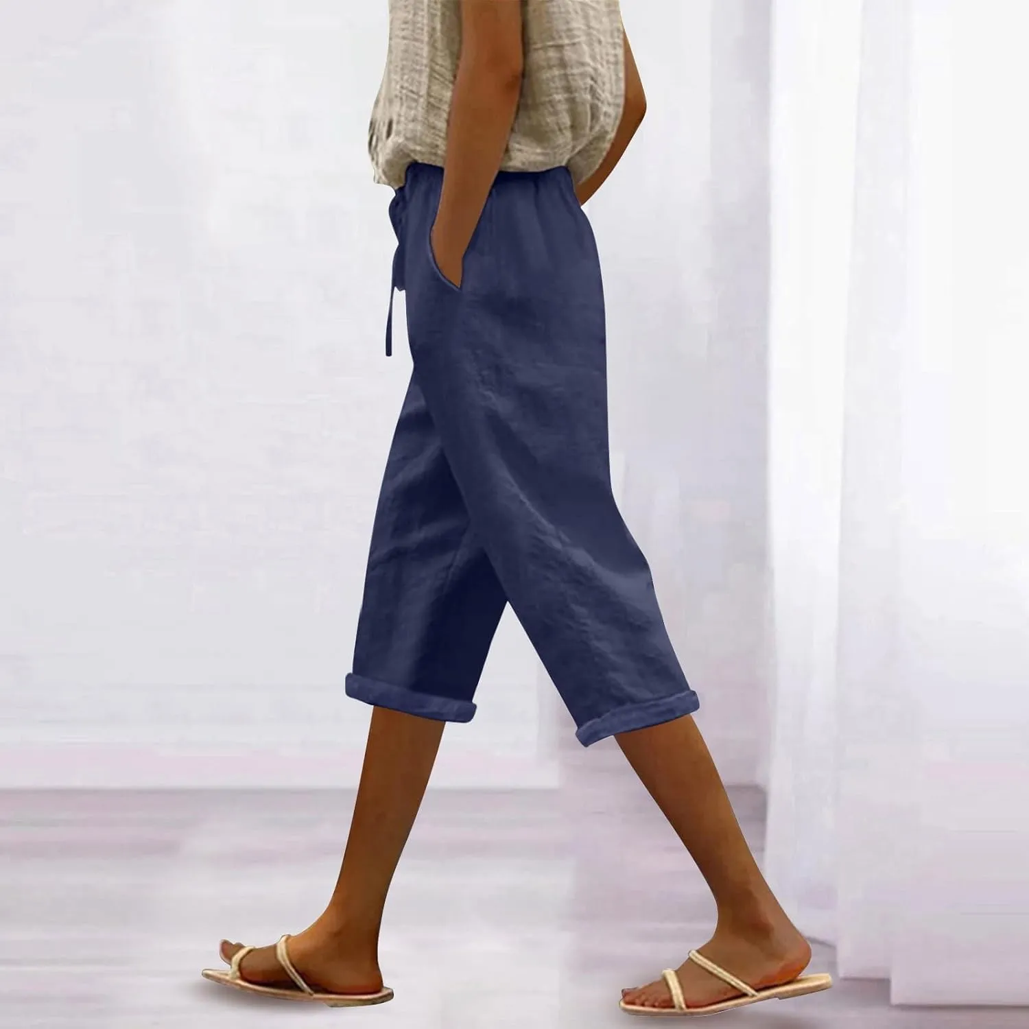 ADHOWBEW Women Linen Pants Work Dressy Stretch Plus Size Petite High Waisted Lounge Casual Flowy Cotton Pants