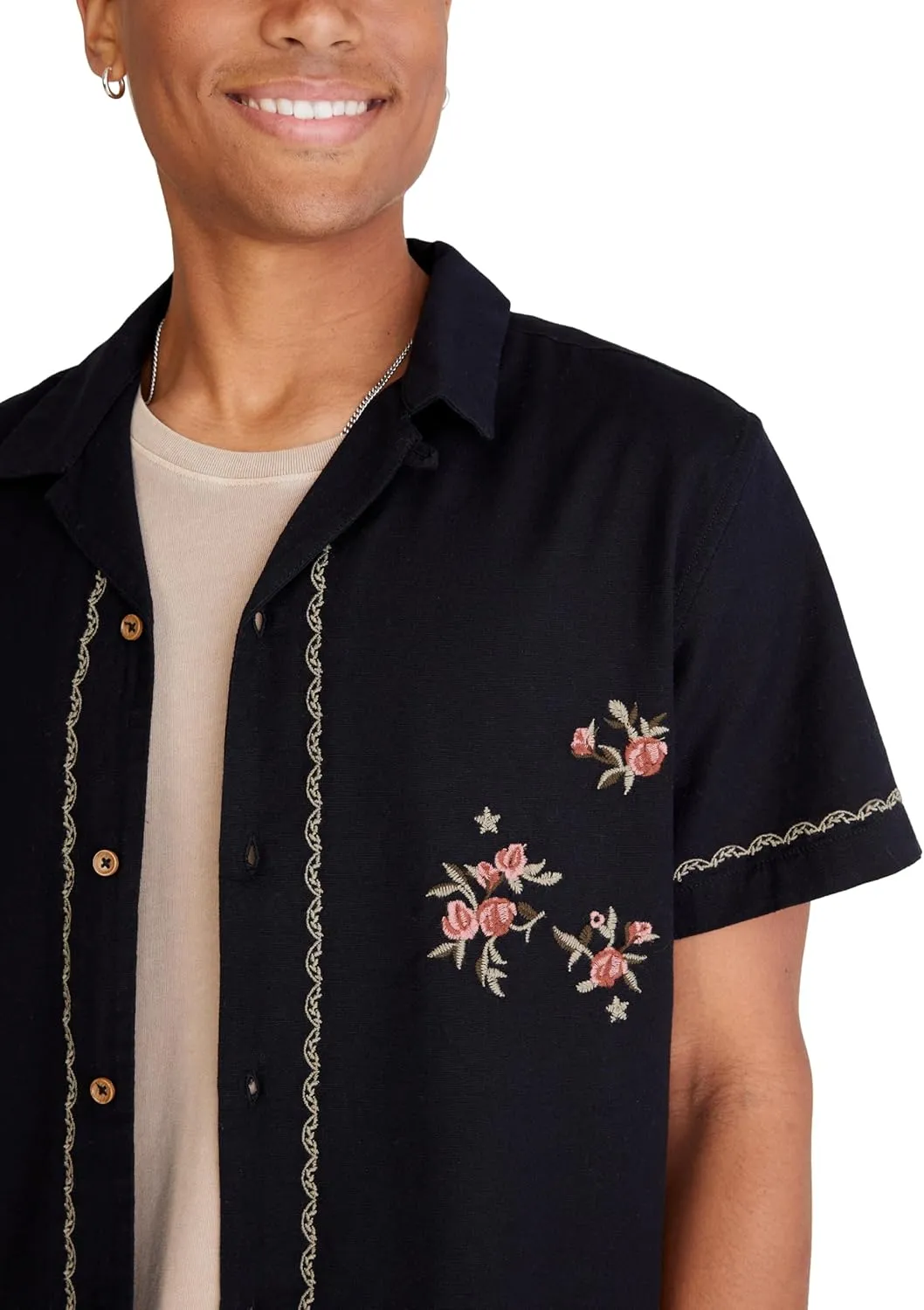 AEROPOSTALE Men's Short Sleeve Embroidered Floral Linen Shirt