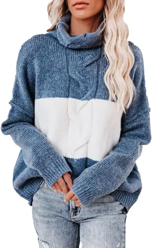 ANCAPELION Womens Casual Sweater Pullover Winter Cozy Long Sleeve Turtleneck Jumpers Color Block Knit Pullover Top Loose Fit