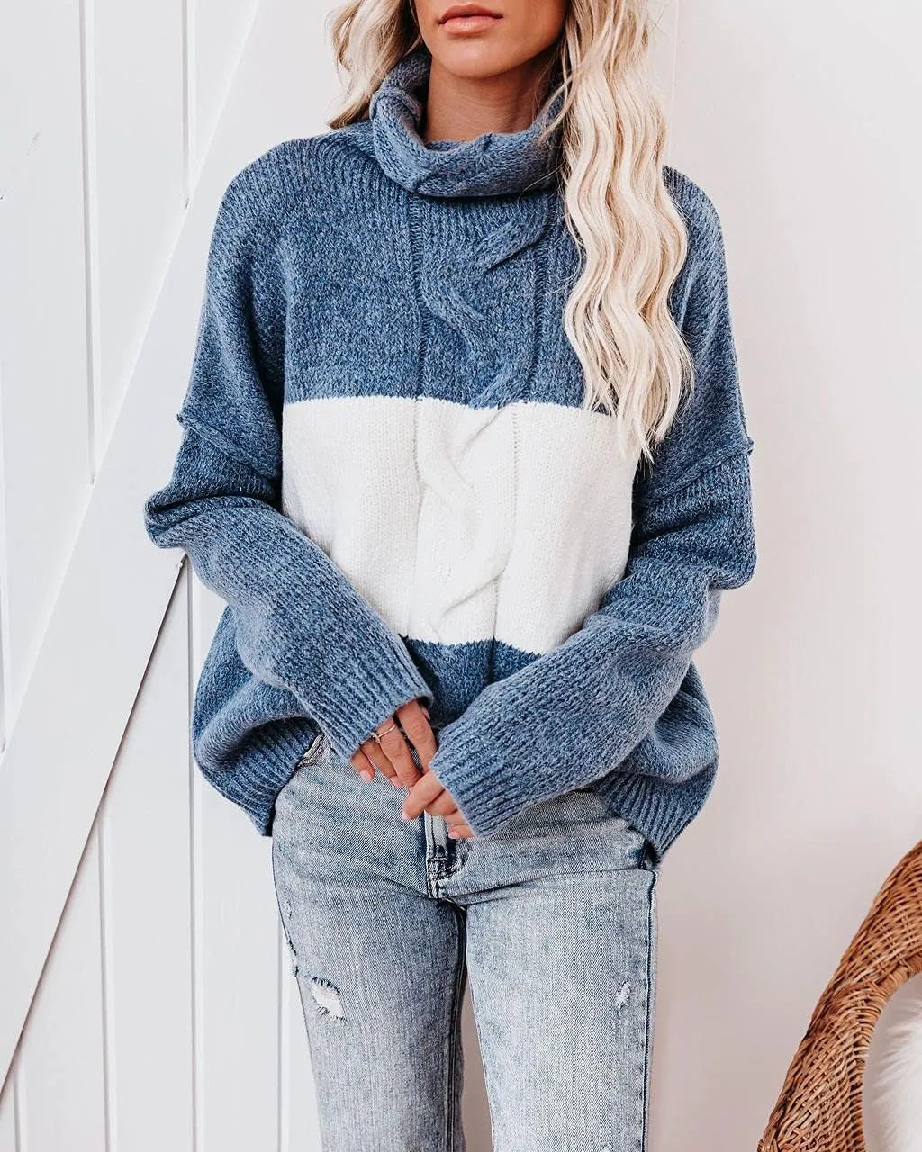 ANCAPELION Womens Casual Sweater Pullover Winter Cozy Long Sleeve Turtleneck Jumpers Color Block Knit Pullover Top Loose Fit