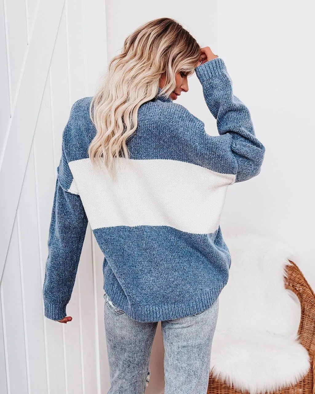 ANCAPELION Womens Casual Sweater Pullover Winter Cozy Long Sleeve Turtleneck Jumpers Color Block Knit Pullover Top Loose Fit
