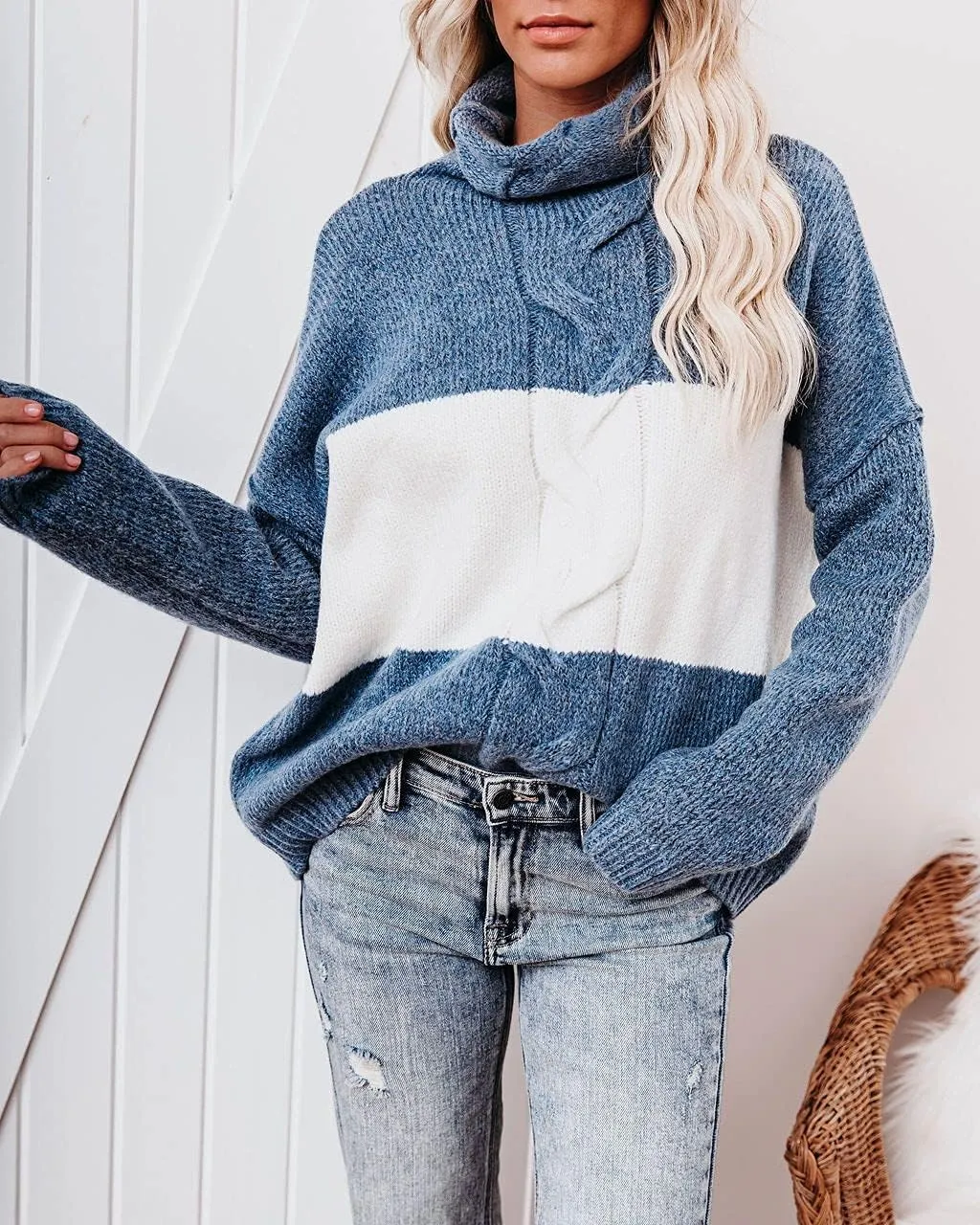 ANCAPELION Womens Casual Sweater Pullover Winter Cozy Long Sleeve Turtleneck Jumpers Color Block Knit Pullover Top Loose Fit