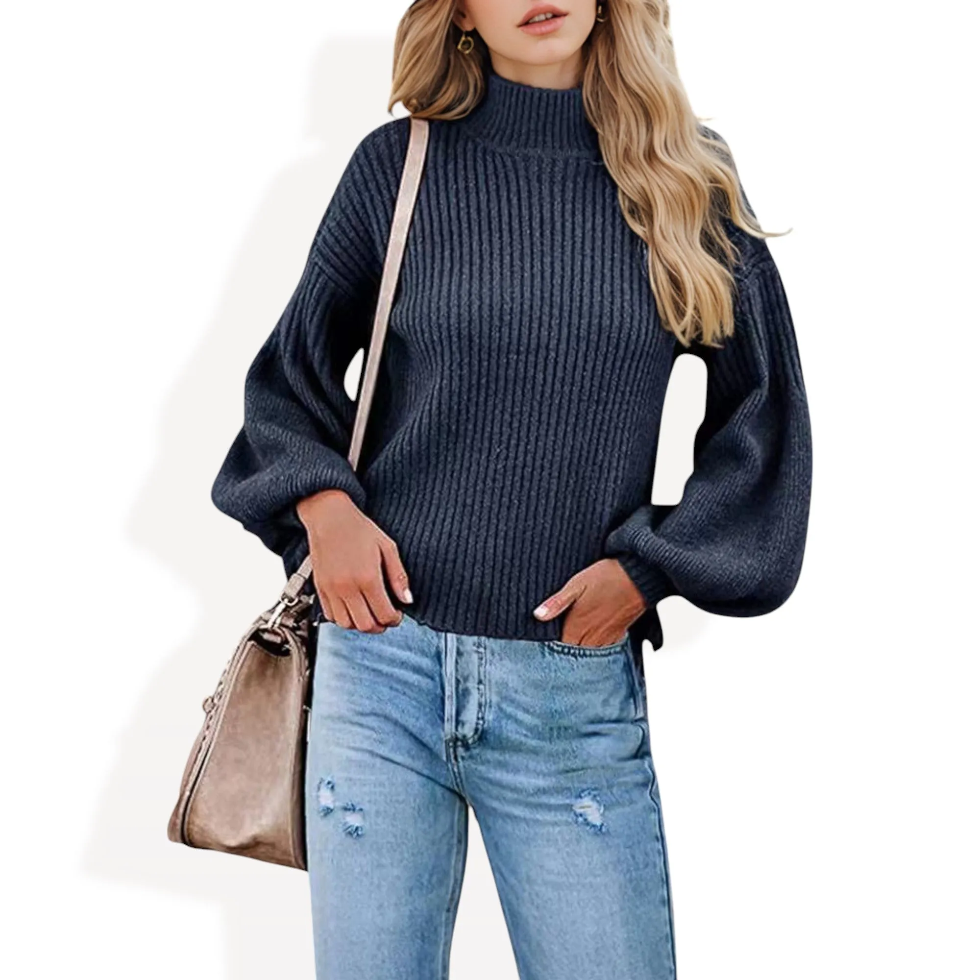Anna-Kaci Women's Long Sleeve Ribbed Knit Sweater with Drop Shoulder Design