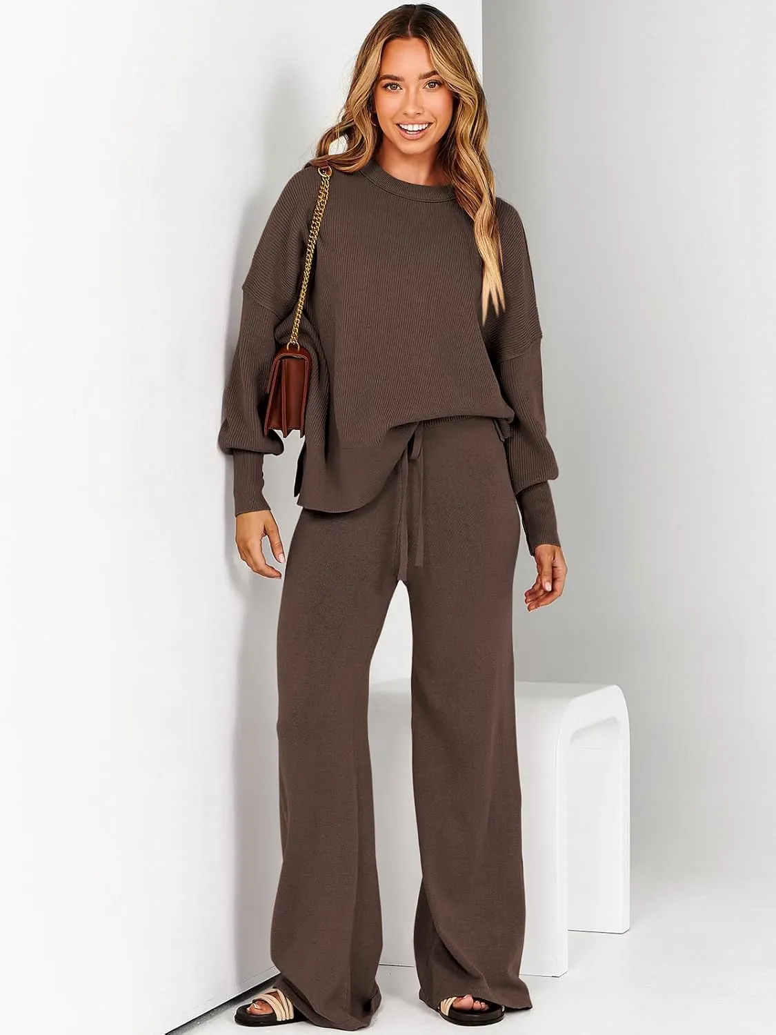 ANRABESS Women 2 Piece Outfits Oversized Chunky Knit Sweater Top Wide Leg Pants 2024 Fall Lounge Set Trendy Cozy Clothes