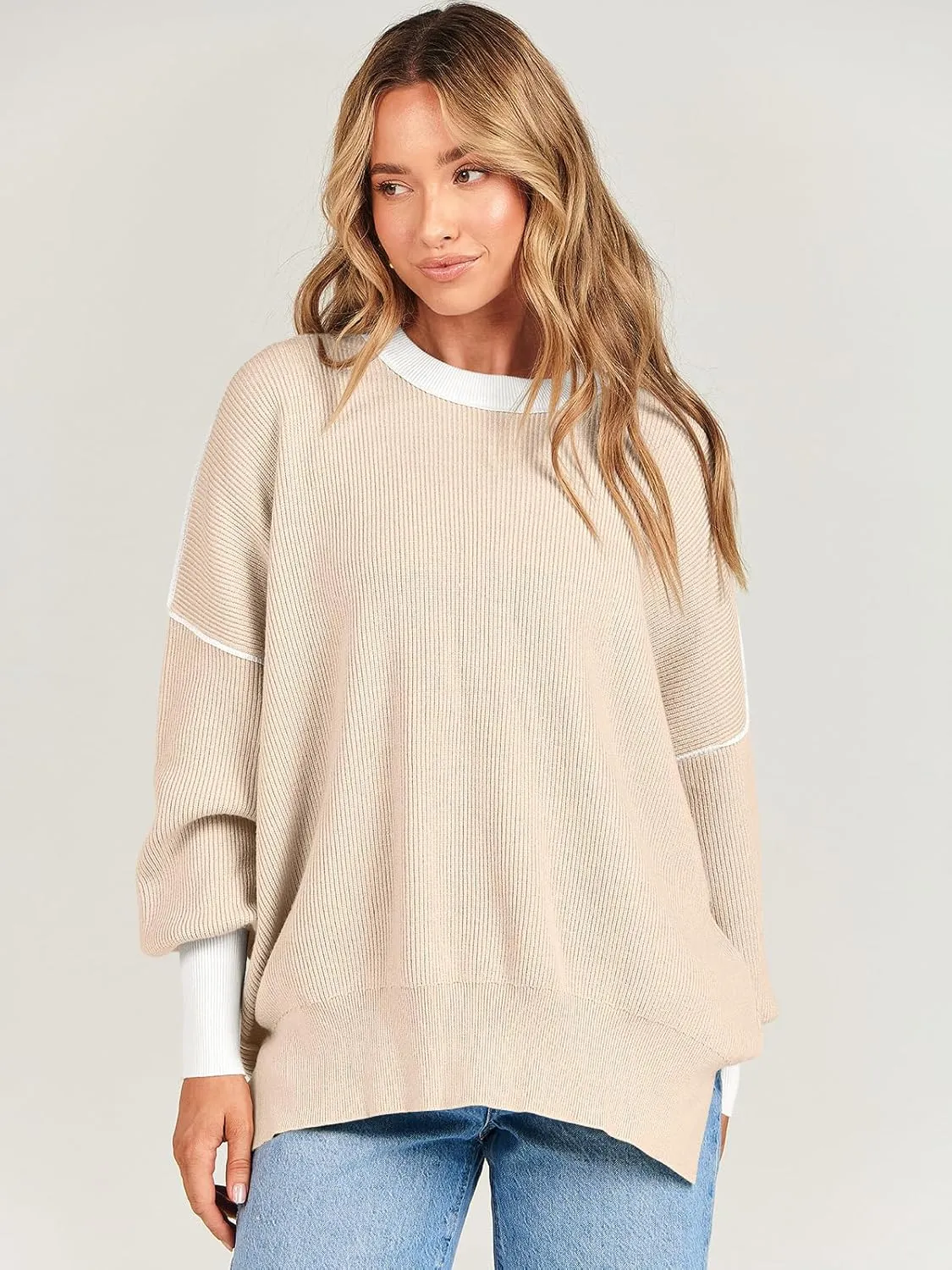 ANRABESS Womens Oversized Sweaters Fall 2024 Fashion Crewneck Batwing Long Sleeve Side Slit Knit Pullover Sweater Tops