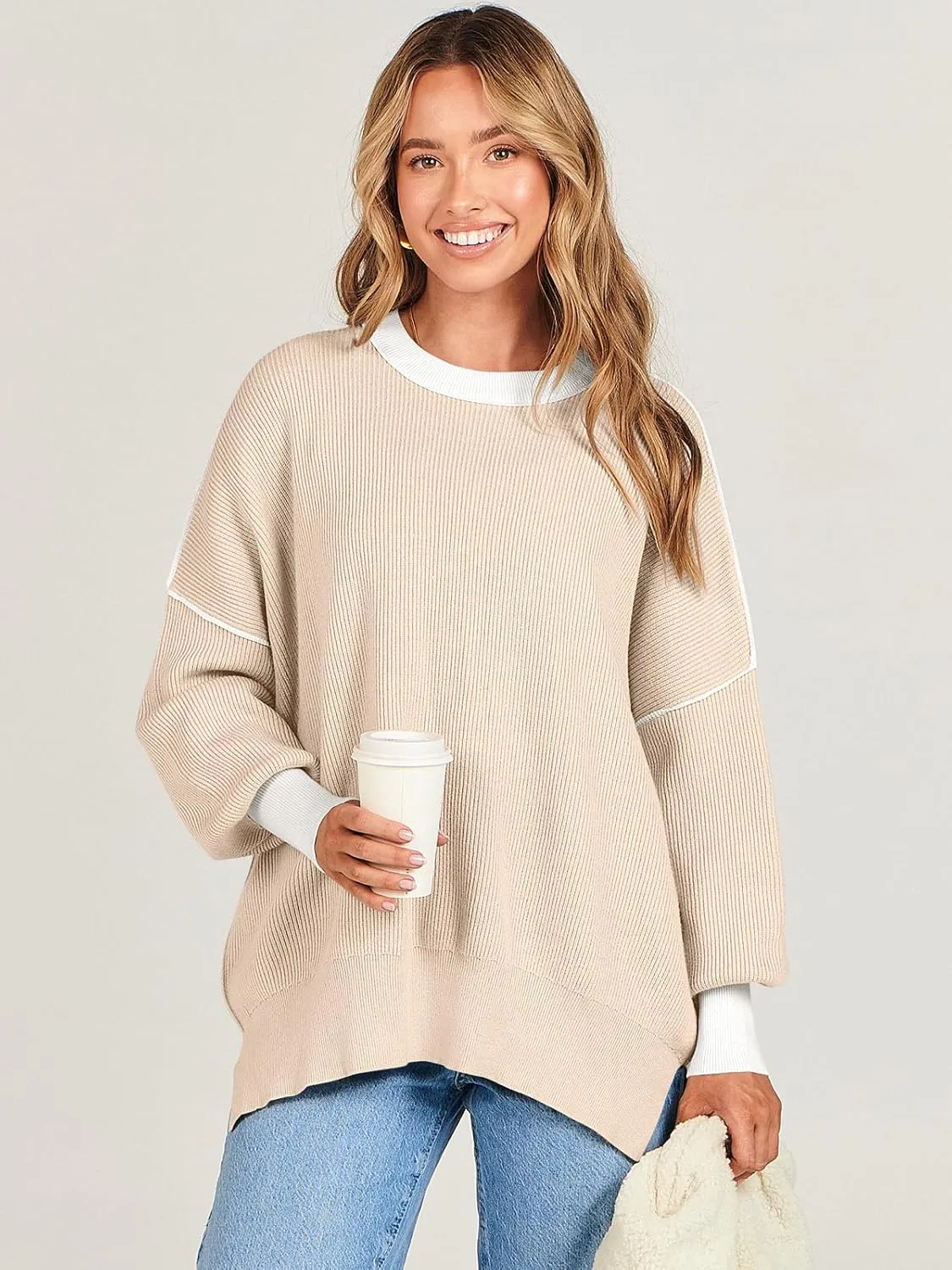 ANRABESS Womens Oversized Sweaters Fall 2024 Fashion Crewneck Batwing Long Sleeve Side Slit Knit Pullover Sweater Tops