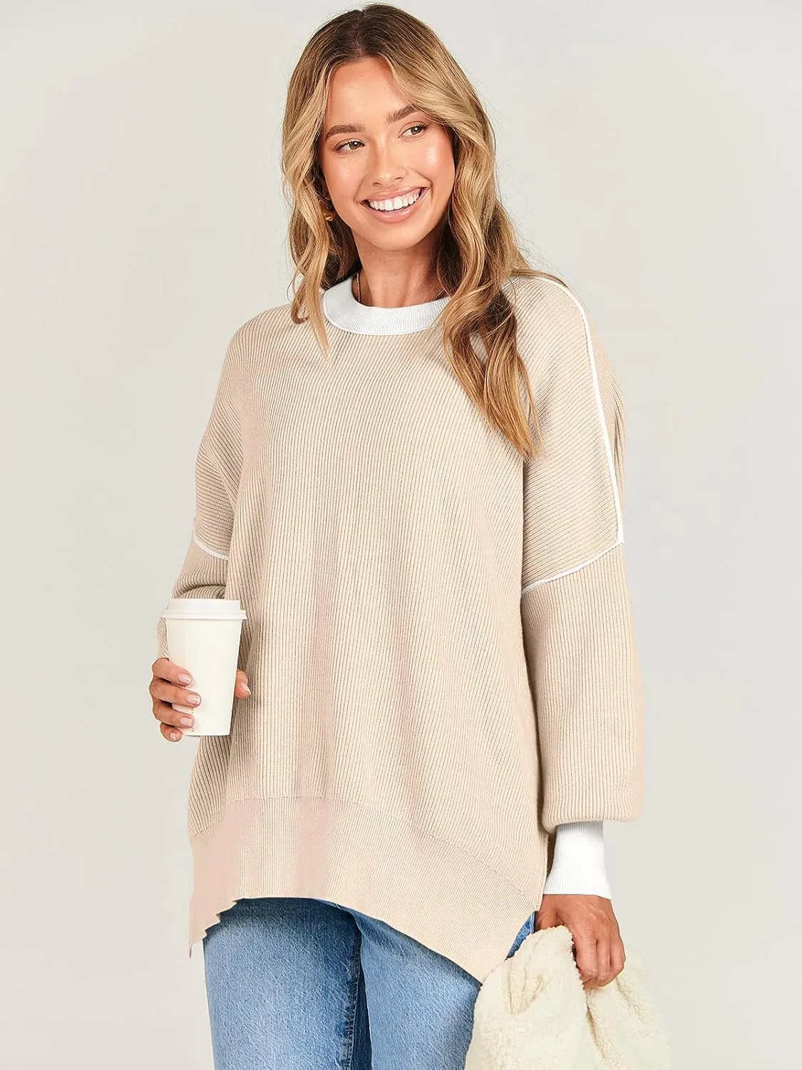 ANRABESS Womens Oversized Sweaters Fall 2024 Fashion Crewneck Batwing Long Sleeve Side Slit Knit Pullover Sweater Tops