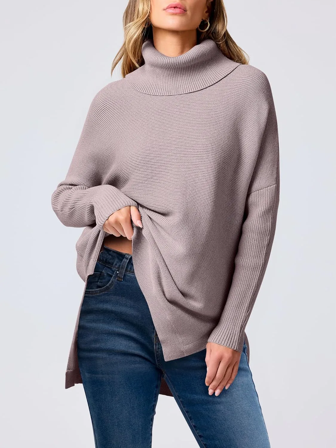 ANRABESS Women's Oversized Turtleneck Batwing Sleeve Spilt Casual Loose Knit Tunic Pullover Sweater Tops 2025 Fall Outfits