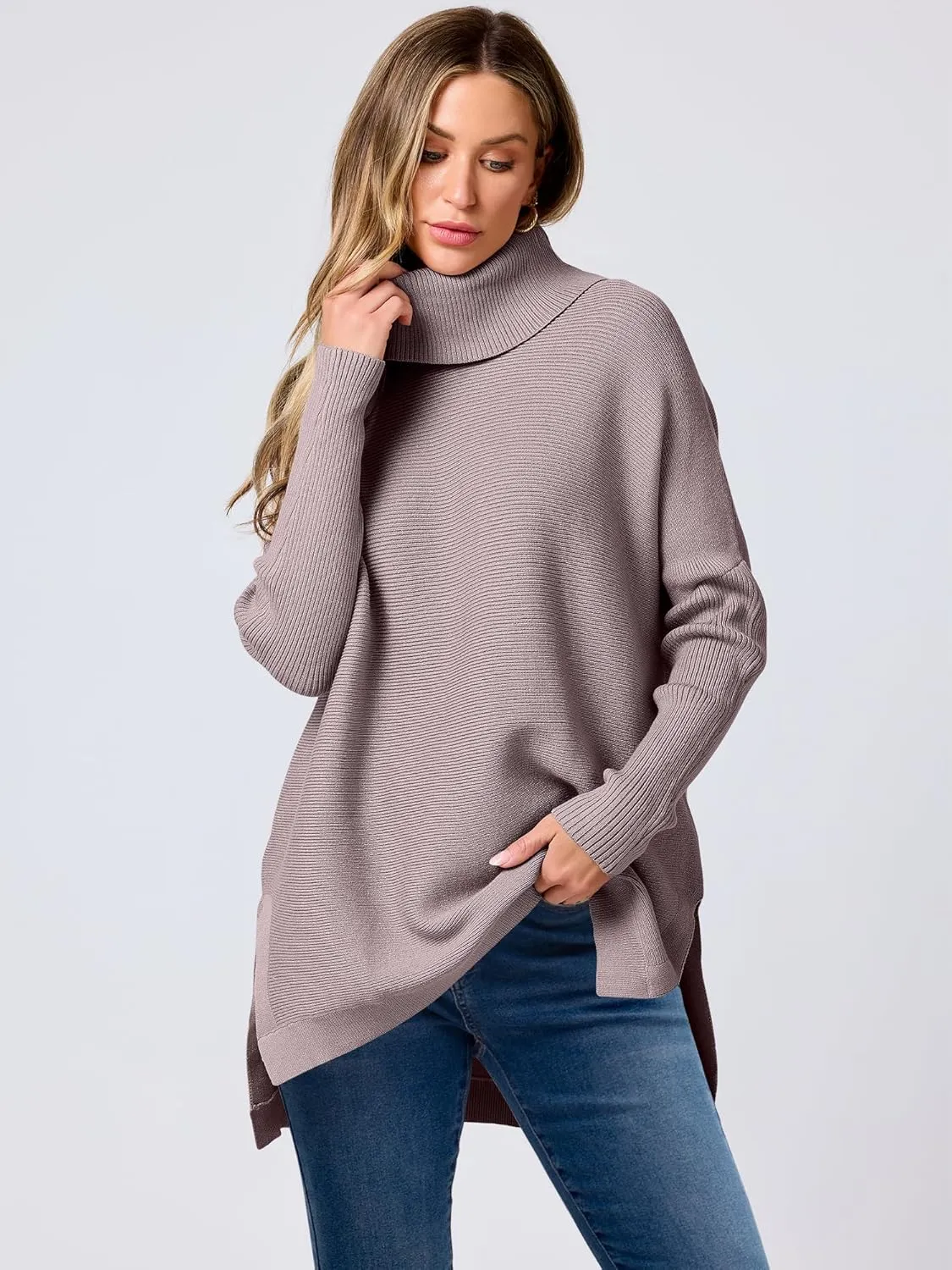 ANRABESS Women's Oversized Turtleneck Batwing Sleeve Spilt Casual Loose Knit Tunic Pullover Sweater Tops 2025 Fall Outfits