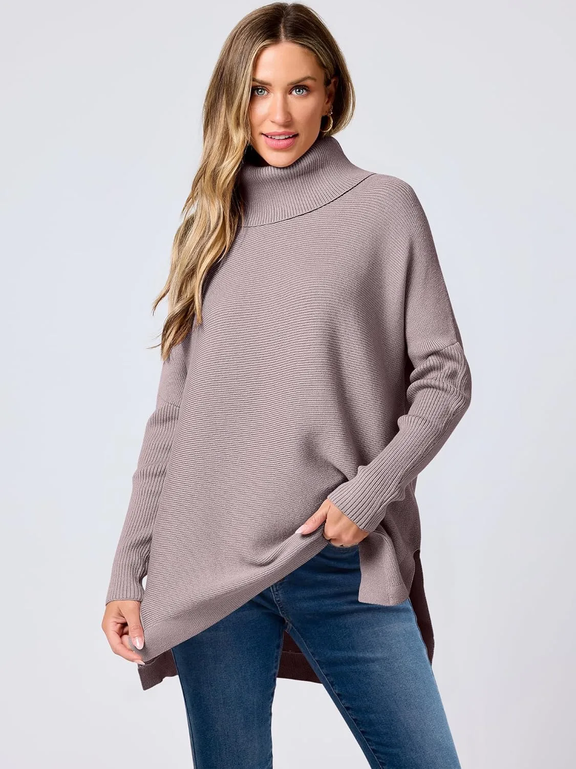 ANRABESS Women's Oversized Turtleneck Batwing Sleeve Spilt Casual Loose Knit Tunic Pullover Sweater Tops 2025 Fall Outfits