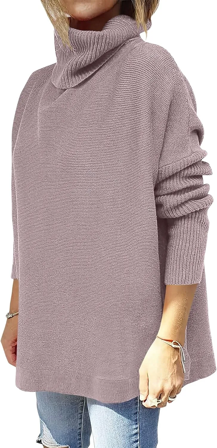 ANRABESS Women's Oversized Turtleneck Batwing Sleeve Spilt Casual Loose Knit Tunic Pullover Sweater Tops 2025 Fall Outfits