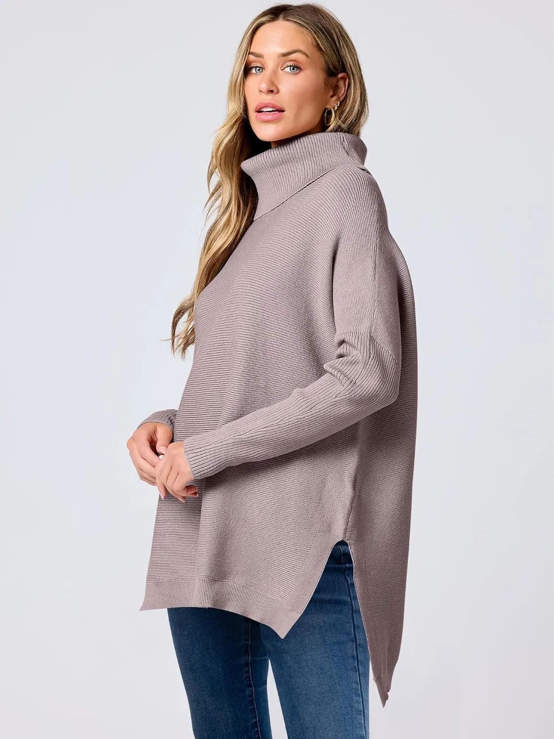 ANRABESS Women's Oversized Turtleneck Batwing Sleeve Spilt Casual Loose Knit Tunic Pullover Sweater Tops 2025 Fall Outfits