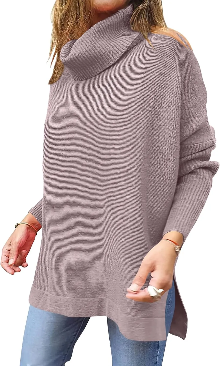 ANRABESS Women's Oversized Turtleneck Batwing Sleeve Spilt Casual Loose Knit Tunic Pullover Sweater Tops 2025 Fall Outfits