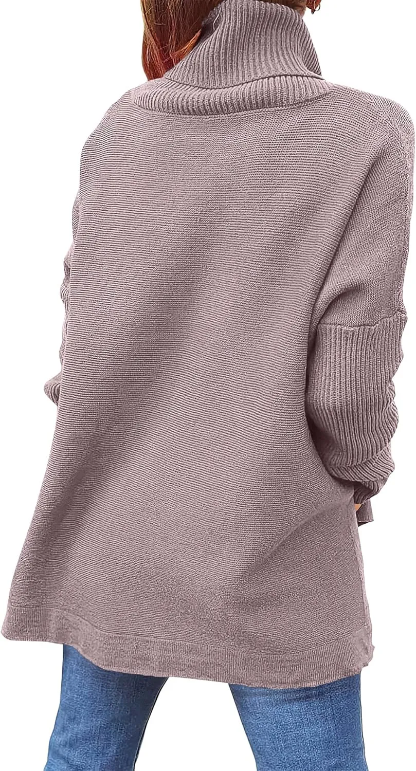 ANRABESS Women's Oversized Turtleneck Batwing Sleeve Spilt Casual Loose Knit Tunic Pullover Sweater Tops 2025 Fall Outfits