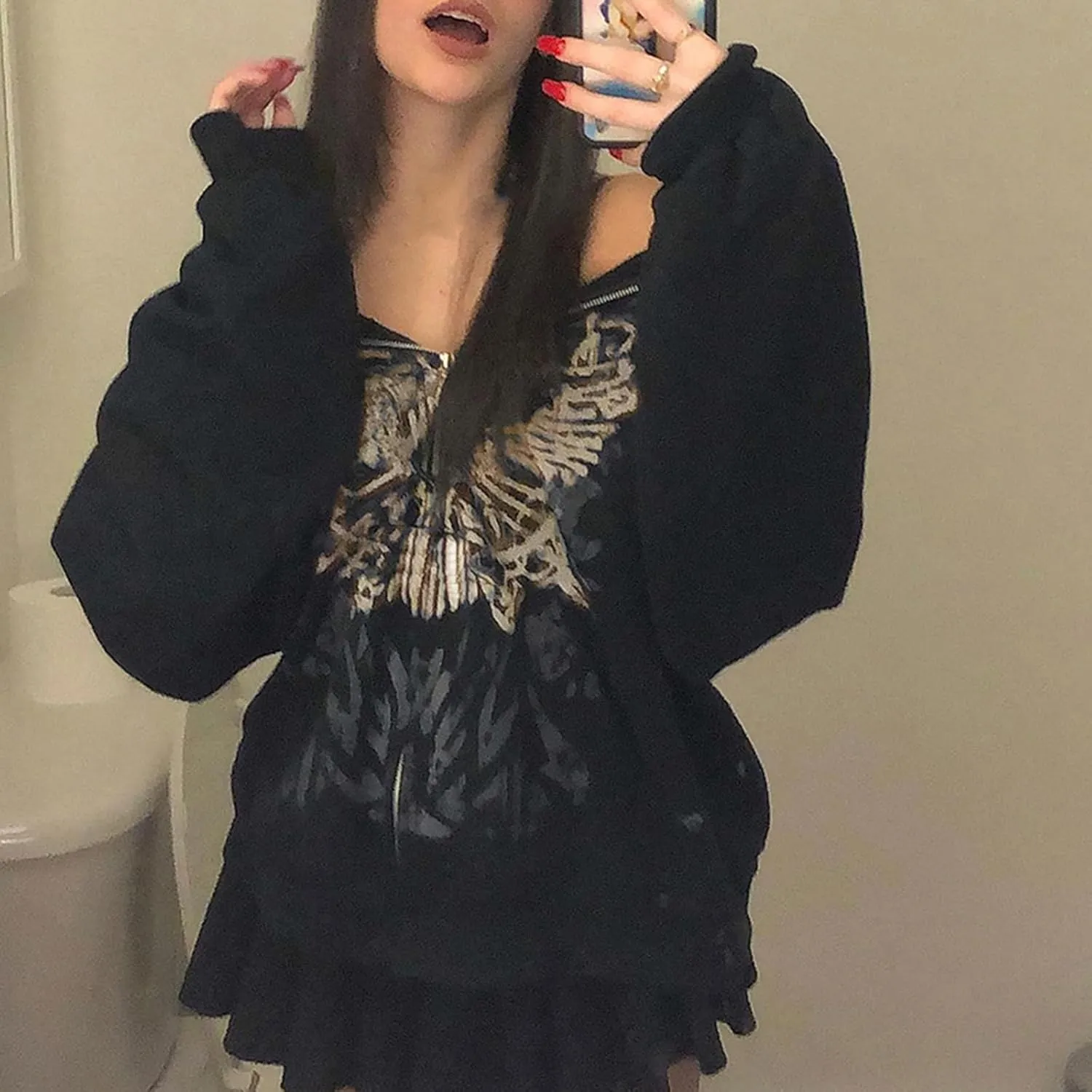 Aopwsrlyi Women's Y2K Zip Up Hoodies Gothic Vintage Graphic Print Sweatshirt Oversized Long Sleeve Casual Jackets Streetwear