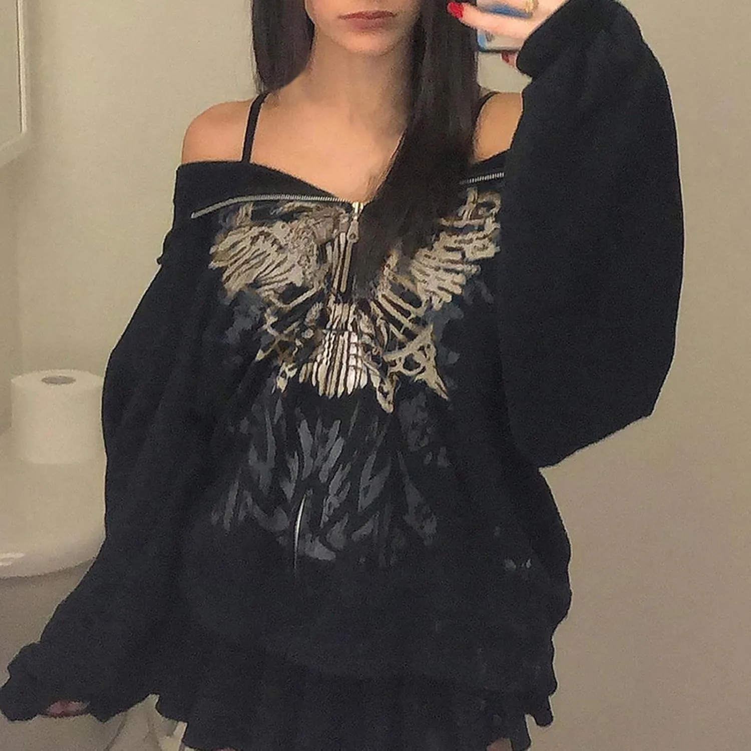 Aopwsrlyi Women's Y2K Zip Up Hoodies Gothic Vintage Graphic Print Sweatshirt Oversized Long Sleeve Casual Jackets Streetwear