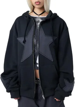 Aopwsrlyi Women's Y2K Zip Up Hoodies Gothic Vintage Graphic Print Sweatshirt Oversized Long Sleeve Casual Jackets Streetwear