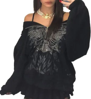 Aopwsrlyi Women's Y2K Zip Up Hoodies Gothic Vintage Graphic Print Sweatshirt Oversized Long Sleeve Casual Jackets Streetwear