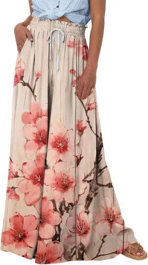 Beach Pants for Women Women Casual High Waist Wide Leg Pants Summer Floral Solid Long Palazzo Pants Lounge with Pocket