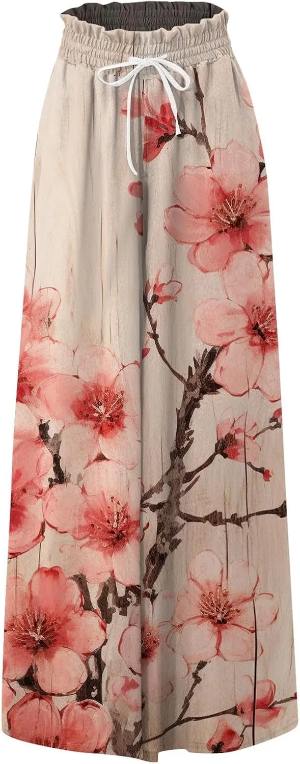 Beach Pants for Women Women Casual High Waist Wide Leg Pants Summer Floral Solid Long Palazzo Pants Lounge with Pocket