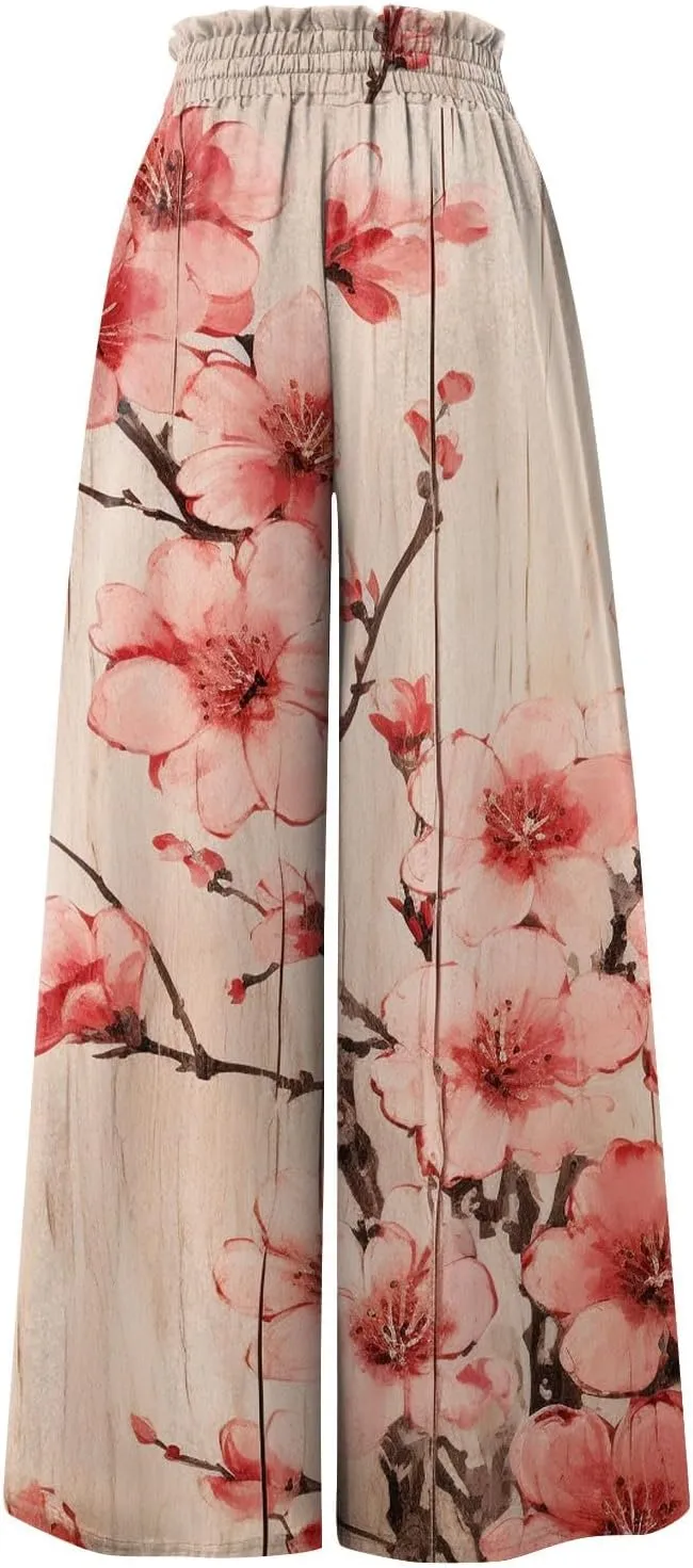 Beach Pants for Women Women Casual High Waist Wide Leg Pants Summer Floral Solid Long Palazzo Pants Lounge with Pocket