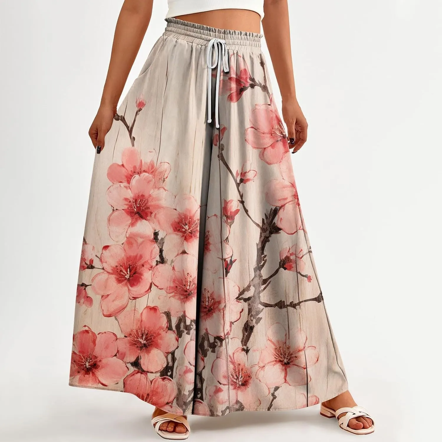Beach Pants for Women Women Casual High Waist Wide Leg Pants Summer Floral Solid Long Palazzo Pants Lounge with Pocket