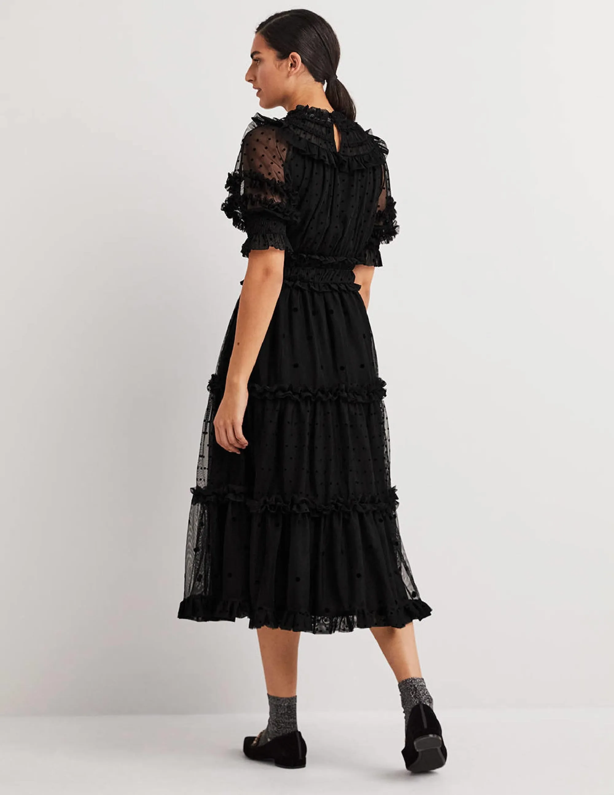 Black Polka Dot Tulle Midi Dress-Black