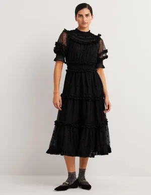 Black Polka Dot Tulle Midi Dress-Black