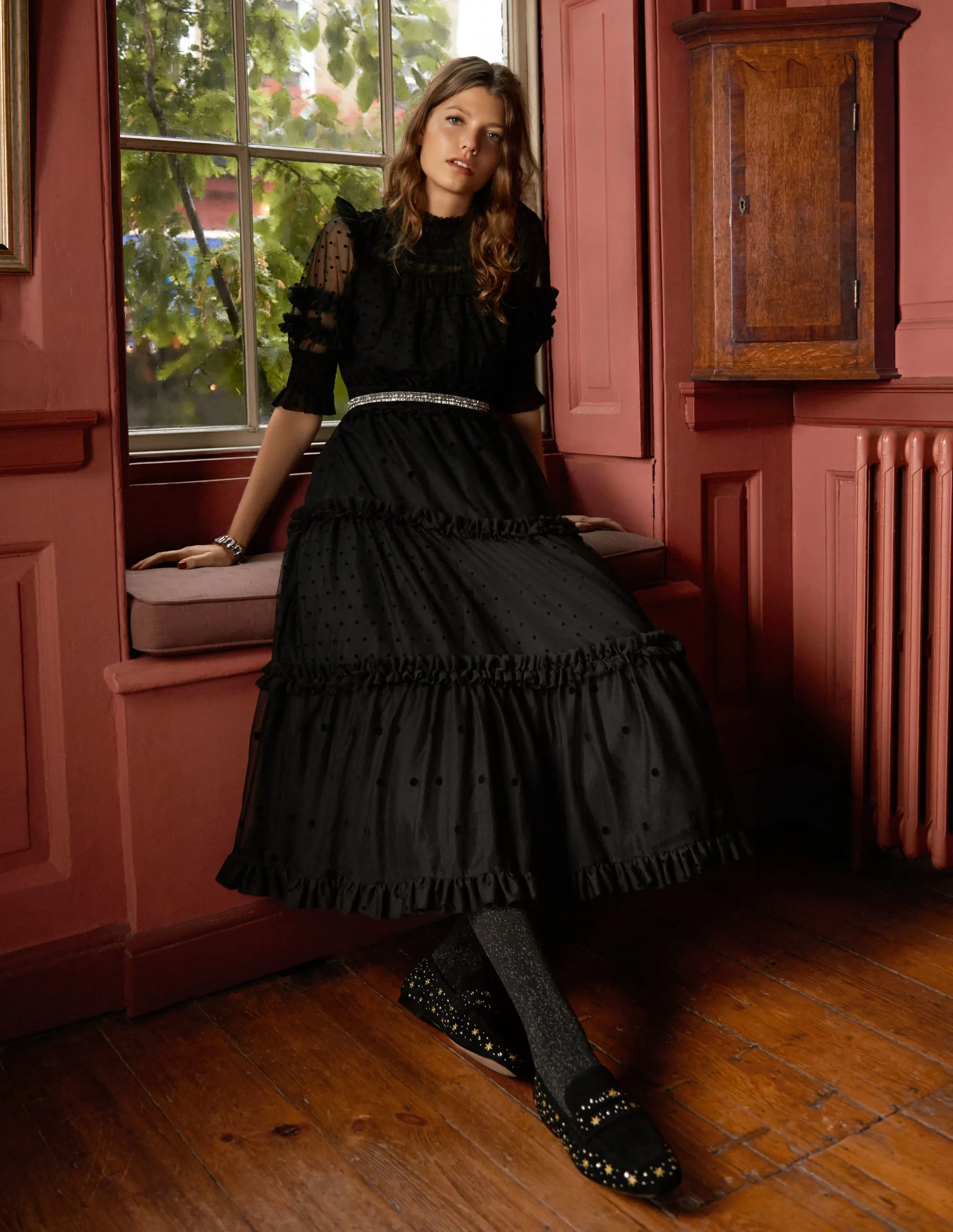 Black Polka Dot Tulle Midi Dress-Black