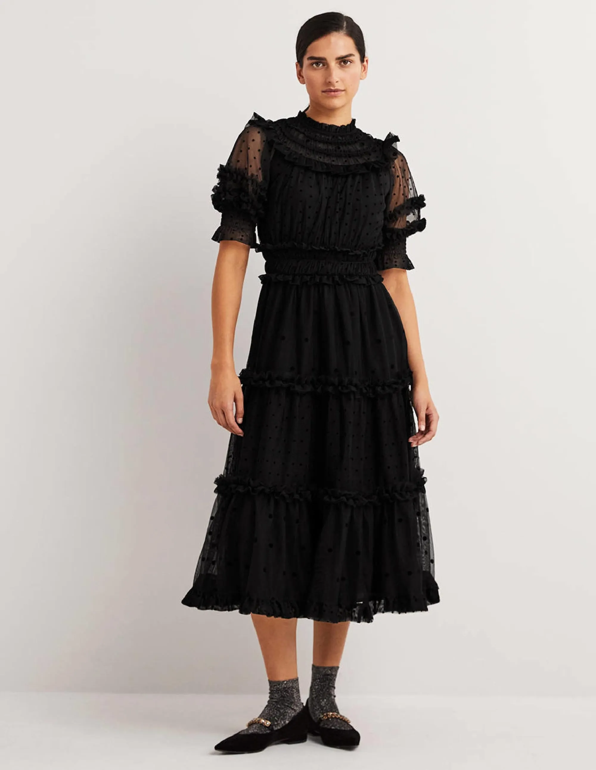 Black Polka Dot Tulle Midi Dress-Black