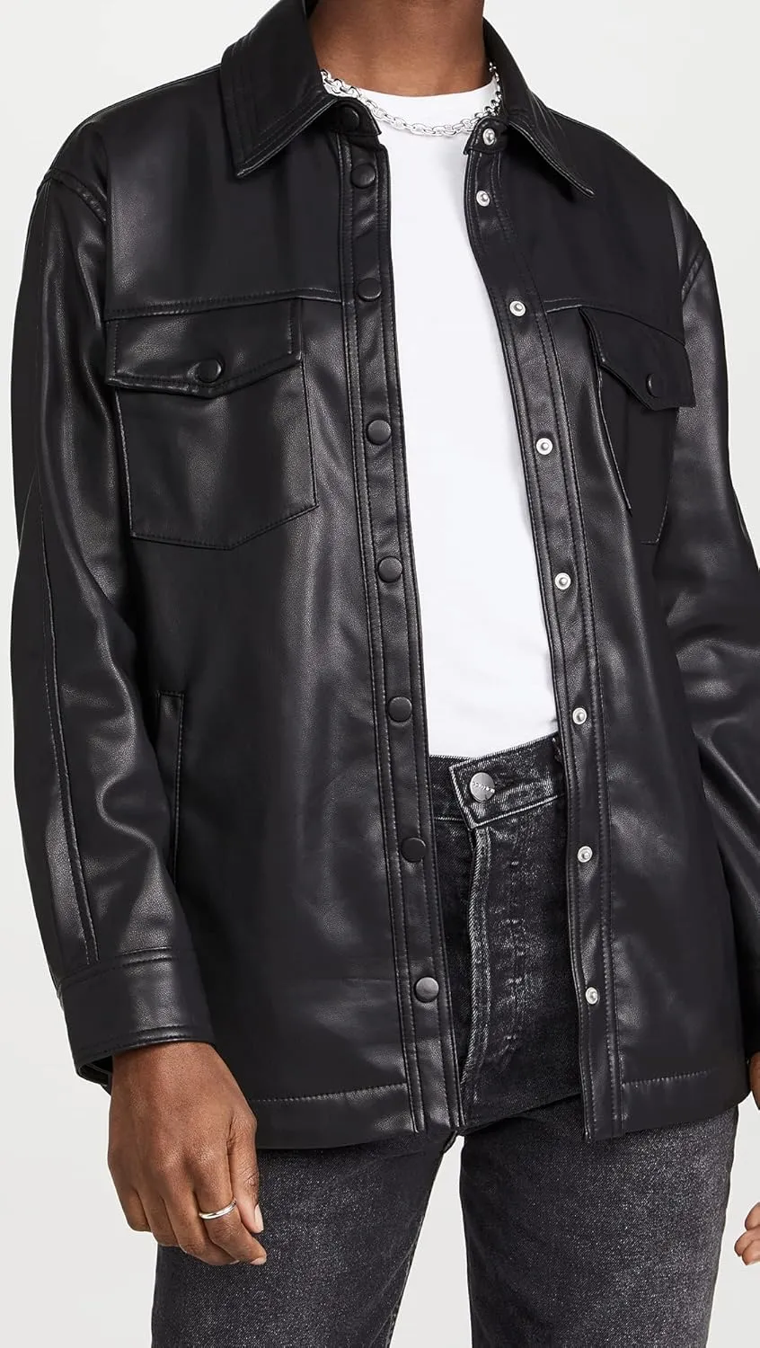 [BLANKNYC] Womens Women's Black Vegan Leather Shirt Jacket