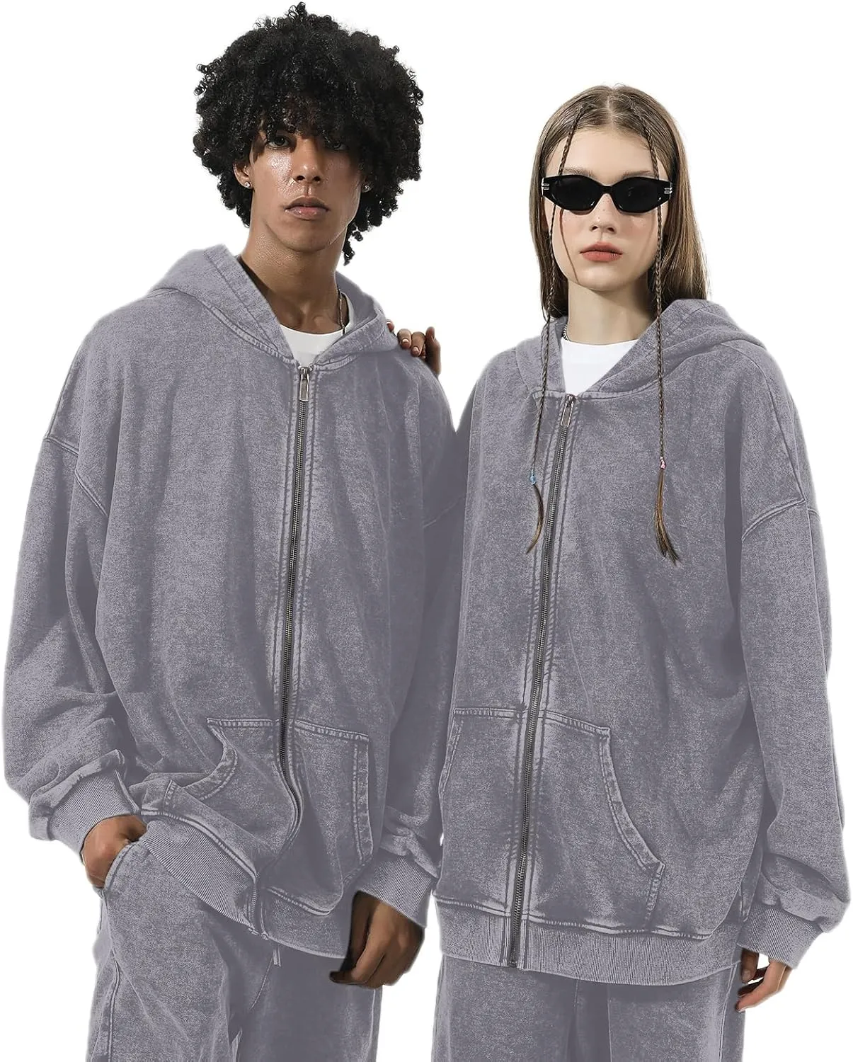 Bobeutou Mens Zip Up Acid Wash Hoodie Vintage Oversized Casual Fall Jacket Cotton Hooded Sweatshirts with Pockets Streetwear