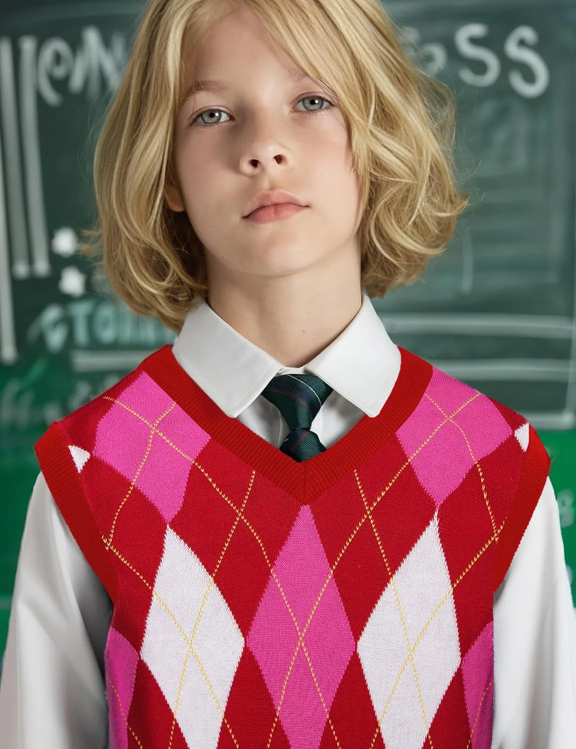 BOBOYOYO Boys Argyle Sweater Vest 100% Cotton V-Neck Vest Kids Uniform Sleeveless Sweaters for Children 5-12Y