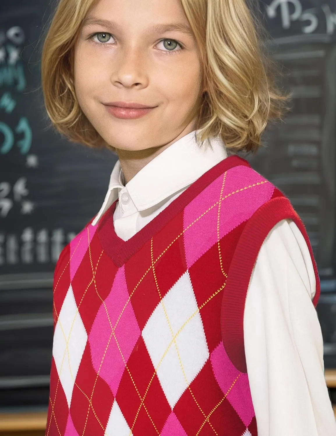 BOBOYOYO Boys Argyle Sweater Vest 100% Cotton V-Neck Vest Kids Uniform Sleeveless Sweaters for Children 5-12Y